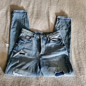 H&M Mom Jeans Blue Trashed  Distressed  Streetwear